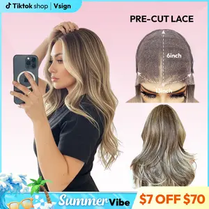 [SummerVibes] VSIGN Ombre Blonde Brown Balayage Wavy 13*6 HD Lace Front Wig Hand Tied Pre Plucked Hairline Pre Layered for Women Natural Looking Synthetic Heat Resistant Fiber for Daily Party Skunk Strip Money Piece Highlight Low Density Gift [Shannon]