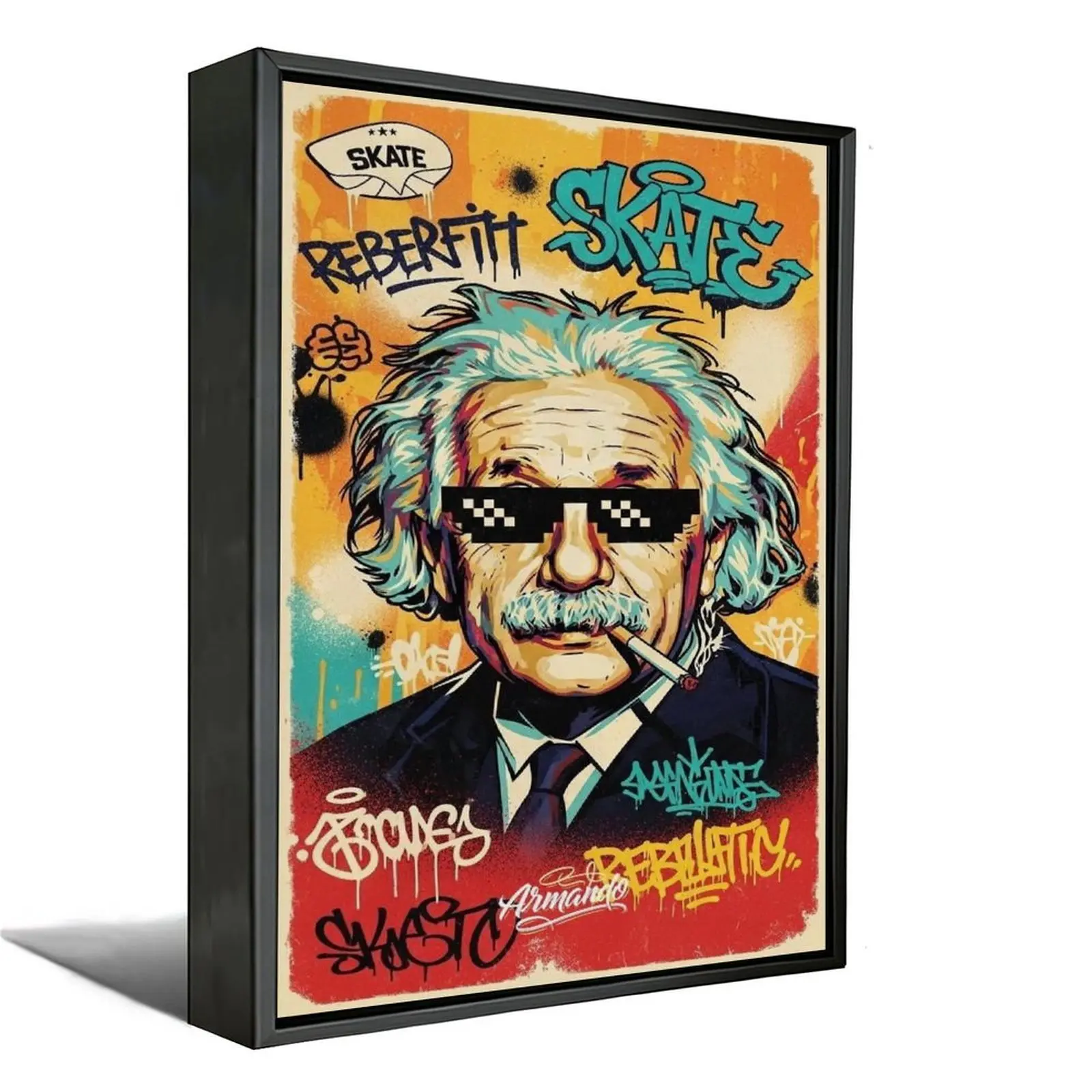 Artistic Einstein Skate Street Graffiti Pop Art Canvas Wall Print, Vintage Retro Cool Pixel Sunglasses Hip Hop Spray Paint Drip Decoration for Teen Bedroom, Skate Shop