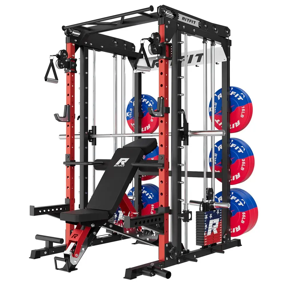 Red M2 Pro with bench and 370lb patriotic plates