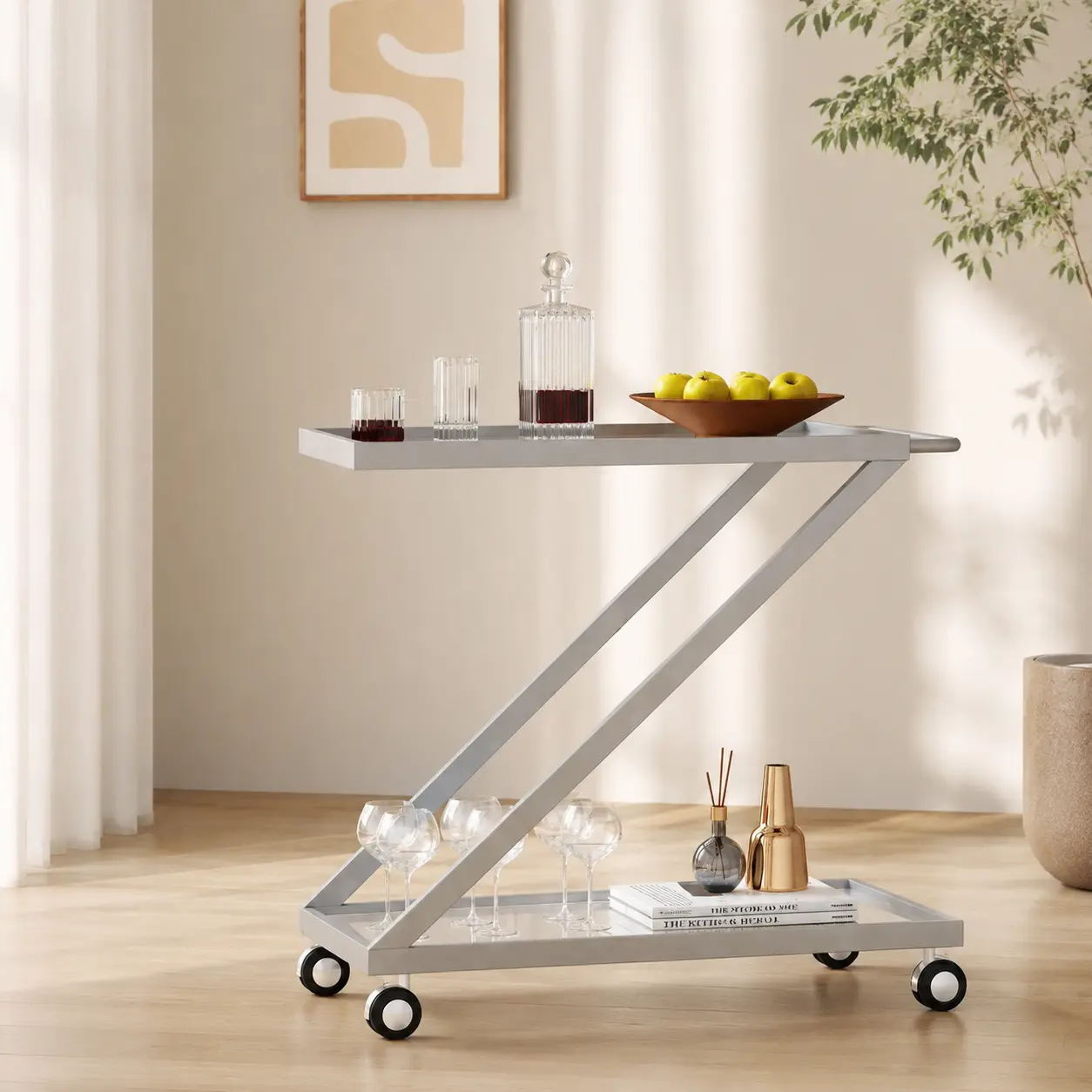 littleox Roomfitters Modern Bar Cart with Glass Shelves and Silver Metal Frame, Stylish Rolling Cart with Sleek Design for Kitchen or Living Room