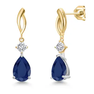 Gem Stone King 925 Silver and 10K Yellow Gold Blue Sapphire and White Moissanite Dangle Earrings for Women | 4.74 Cttw | Gemstone September Birthstone | Pear Shape 10X7MM