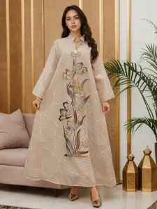Women's Elegant Floral Embellished Embroidery Abaya Dress, Spring & Fall Woven Fabric, Loose-Fit Muslim Islamic Clothing, Perfect for Ramadan & Eid Celebrations, Islamic Fashion, Abayas for Eid