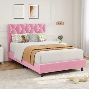 Pink Upholstered Heavy-Duty Twin Platform Bed Frame, Modern Bed with Height Adjustable Fabric Headboard and Premium Solid Wood Slat Support, Robust Stable Construction No Box Spring Needed for Bedroom Decor