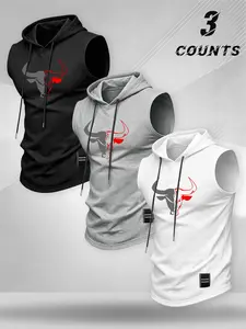 American Fitness Style Hooded Sleeveless Tank Top, Elastic Fabric, Men's Gym Running Daily Wear, Casual Loose-Fitting Letter Pattern