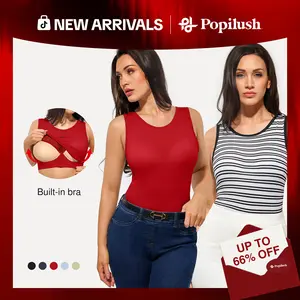 Popilush Women's Sleeveless Tank Top with Built in Bra, Burgundy Fitted Crew Neck Crop Top, Soft Stretchy Casual Workout Shirt for Summer