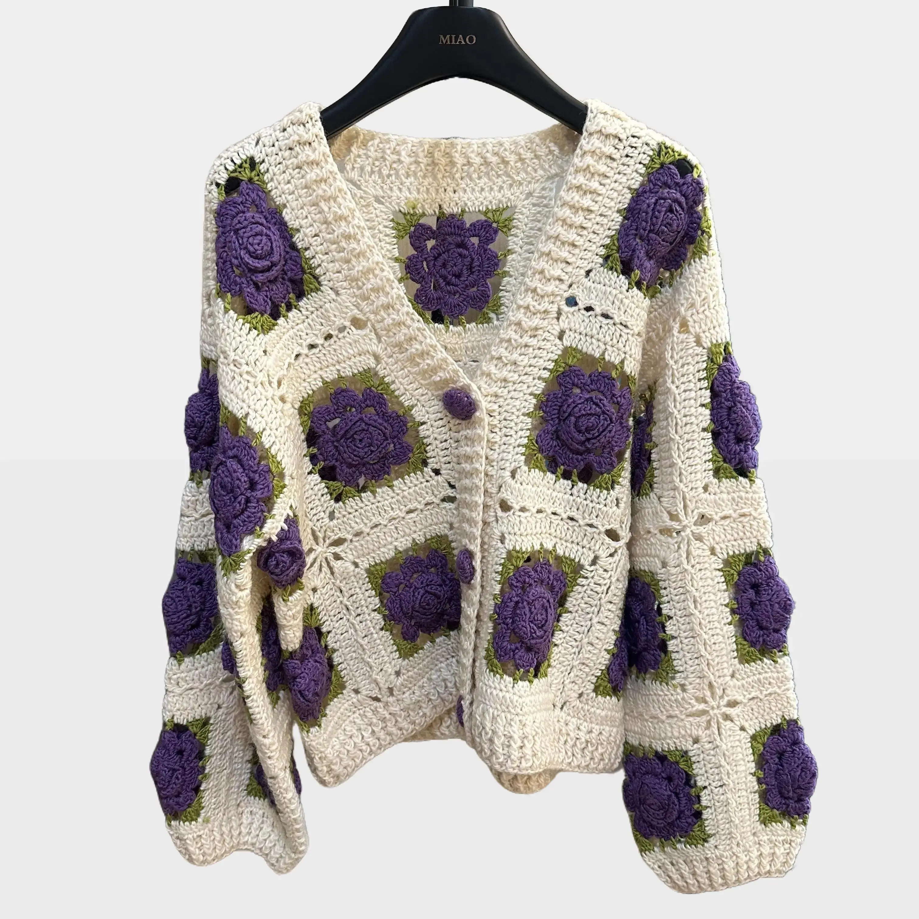 Women's Wool Knit Cardigan - Long-Sleeve, 3D Hollow Floral Crochet Motif, Medium Cut, Basic Cozy Chic Casual Handknitted Top for Everyday Elegance, Pair with Leggings