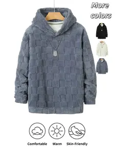 Men's trendy autumn and winter fashion, warm, skin-friendly and comfortable checkered hooded plush sweatshirt, loose top, trendy and casual lambskin imitation pullover, suitable for home casual, commuting and outdoor use