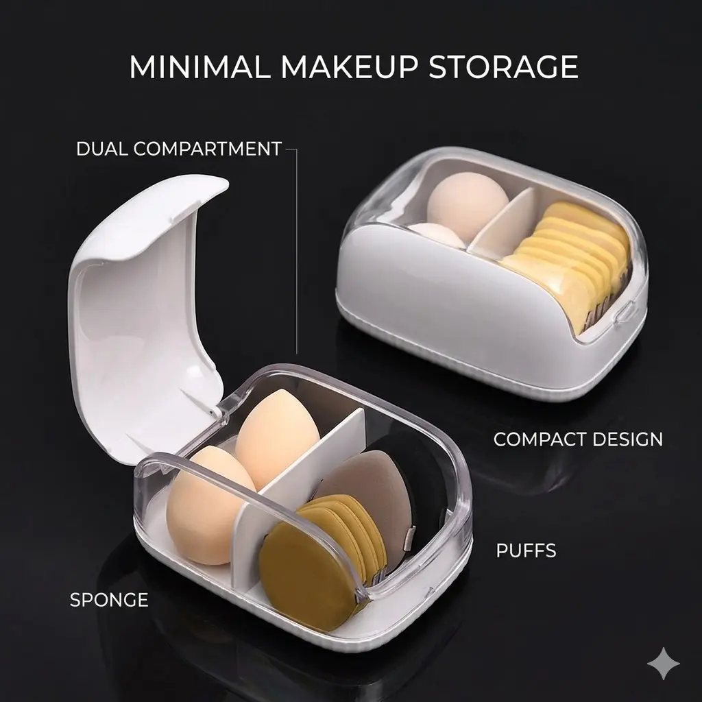 Makeup Sponge and Powder Puff Storage Box, dual compartment design with transparent dustproof lid, for organizing makeup applicators on vanity or carrying for travel