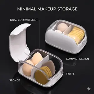 Makeup Sponge and Powder Puff Storage Box, dual compartment design with transparent dustproof lid, for organizing makeup applicators on vanity or carrying for travel