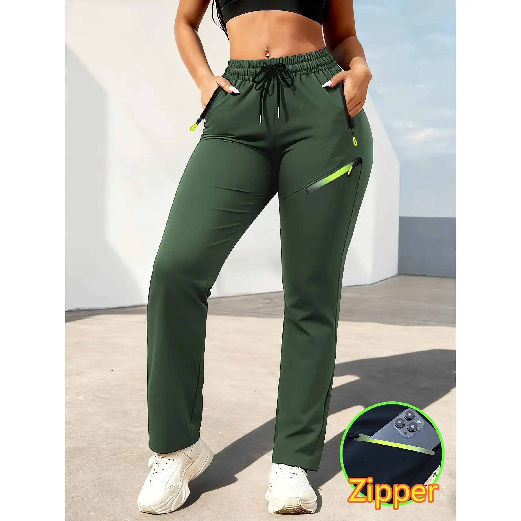 Ladies' drawstring zipper pocket straight leg sports casual pants Summer elastic waist side slit fitness running straight leg pants Multi color high elasticity breathable multi pocket yoga exercise straight leg pants