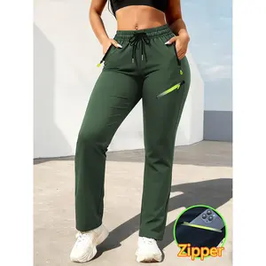 Ladies' drawstring zipper pocket straight leg sports casual pants Summer elastic waist side slit fitness running straight leg pants Multi color high elasticity breathable multi pocket yoga exercise straight leg pants