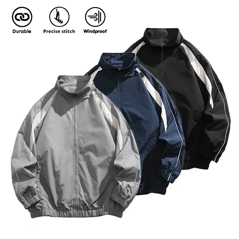 Men's windproof solid jacket featuring durable fabric, fine stitching, zipper front closure, and contrast striped details, perfect for everyday wear, outdoor walks, or as layered street style apparel cold  weather  outfits 20  year  old thanksgiving Versa