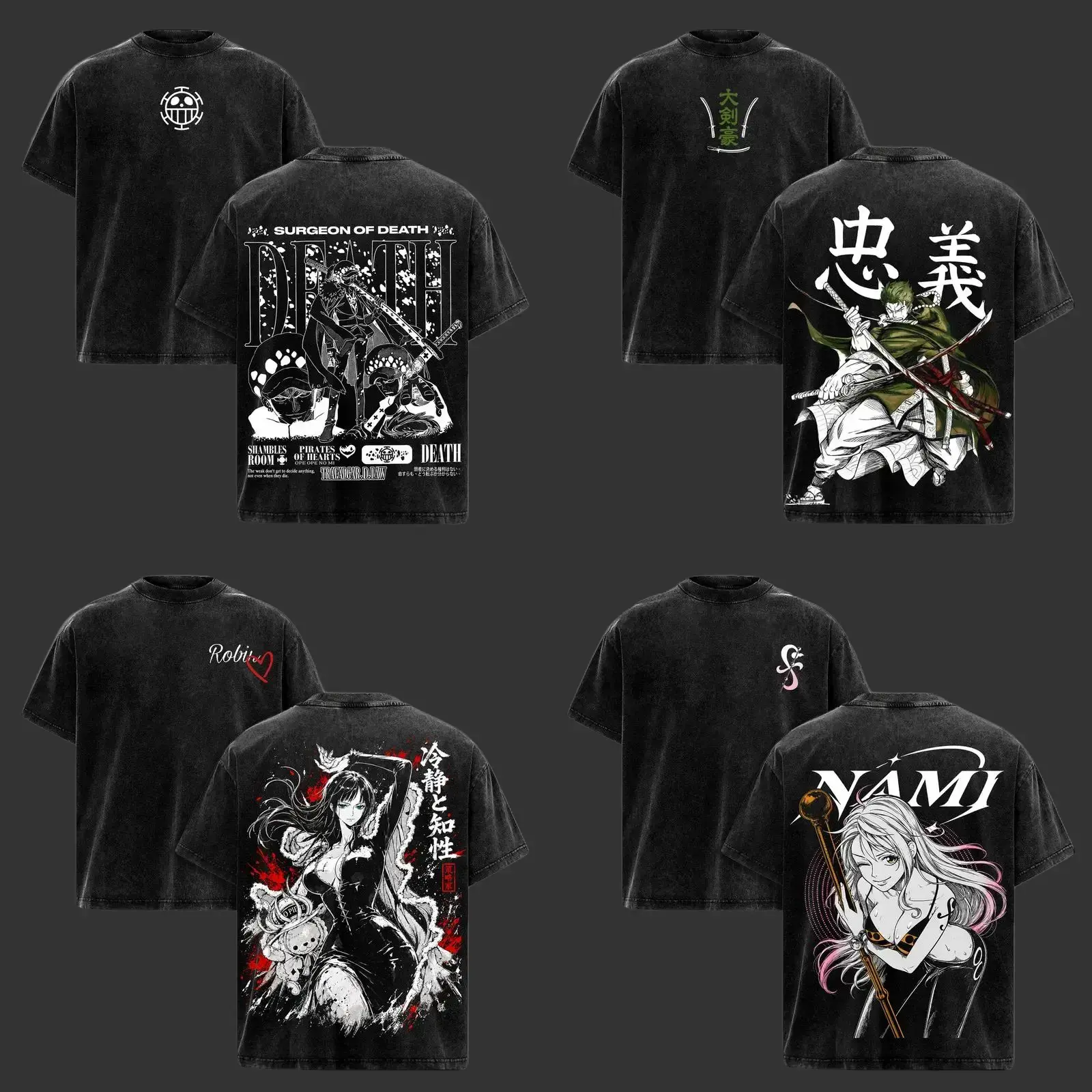 Trafalgar Law Zoro Robin Nami Anime Graphic T-Shirt Collection, Opiece Vintage Washed Oversized Black Tee, Front & Back Print Unisex Shirt