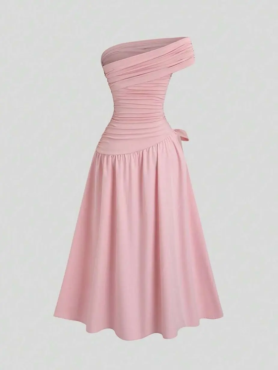 Women's One Shoulder Asymmetrical Hem Maxi Dress, Elegant Slant Shoulder Summer Dress, Slim Fit Formal Party Dress for Wedding, Vacation & Evening Wear