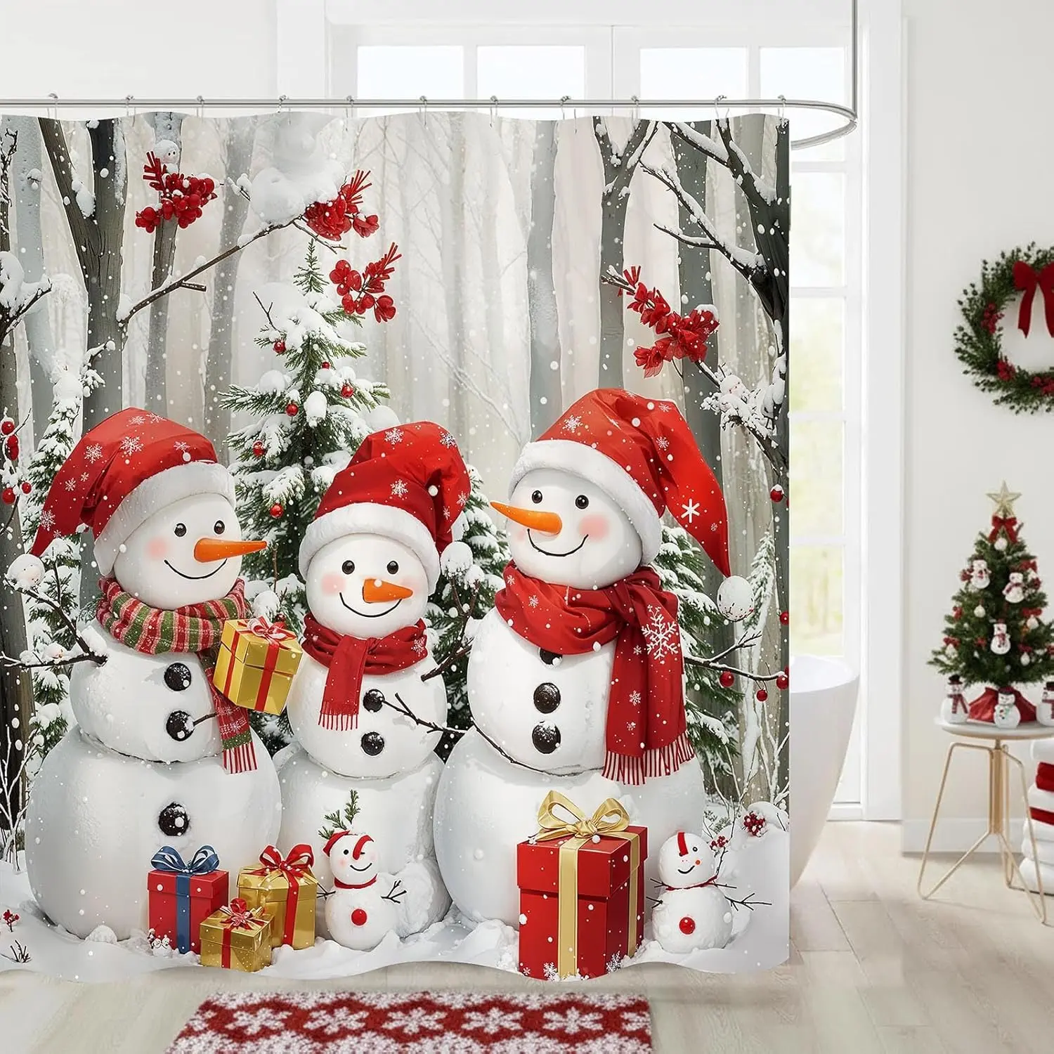 Christmas Snowman Shower Curtain, Winter Pine Tree Snowy Forest Bathroom Curtains Waterproof Fabric Bath Curtain 72x72 Inch with 12 Hooks