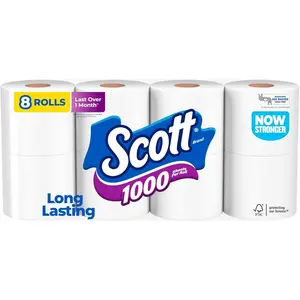 Scott 1000 Toilet Paper, 8 Rolls, Septic-Safe, 1-Ply Toilet Tissue
