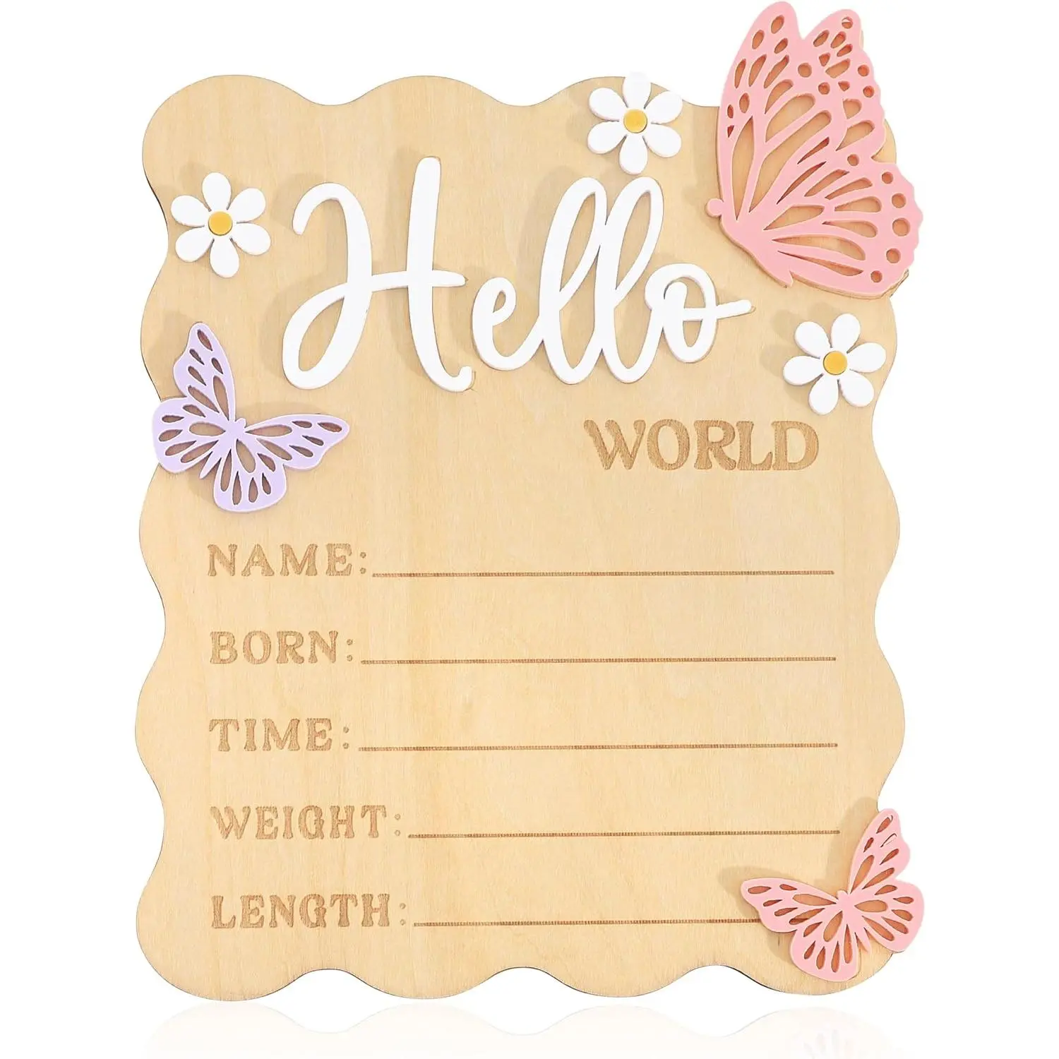 Butterfly Daisy Hello World Board - Little Butterfly Birth Announcement Sign,Wooden Hello World Card for Hospitals, Birth Information Record Board,Daisy  Decorations Photo Props