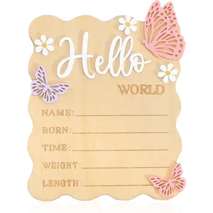 Butterfly Daisy Hello World Board - Little Butterfly Birth Announcement Sign,Wooden Hello World Card for Hospitals, Birth Information Record Board,Daisy  Decorations Photo Props
