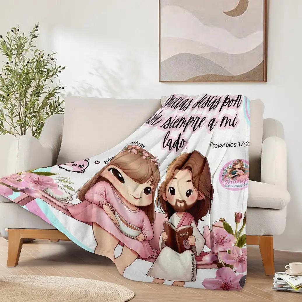 Christian Print Throw Blanket - Cute Cartoon Jesus & Kids Design, Ultra Plush Lightweight, Floral Scripture, Gift for Christmas, Easter, Christian Print Blankets, Floral Christian Scripture Blankets