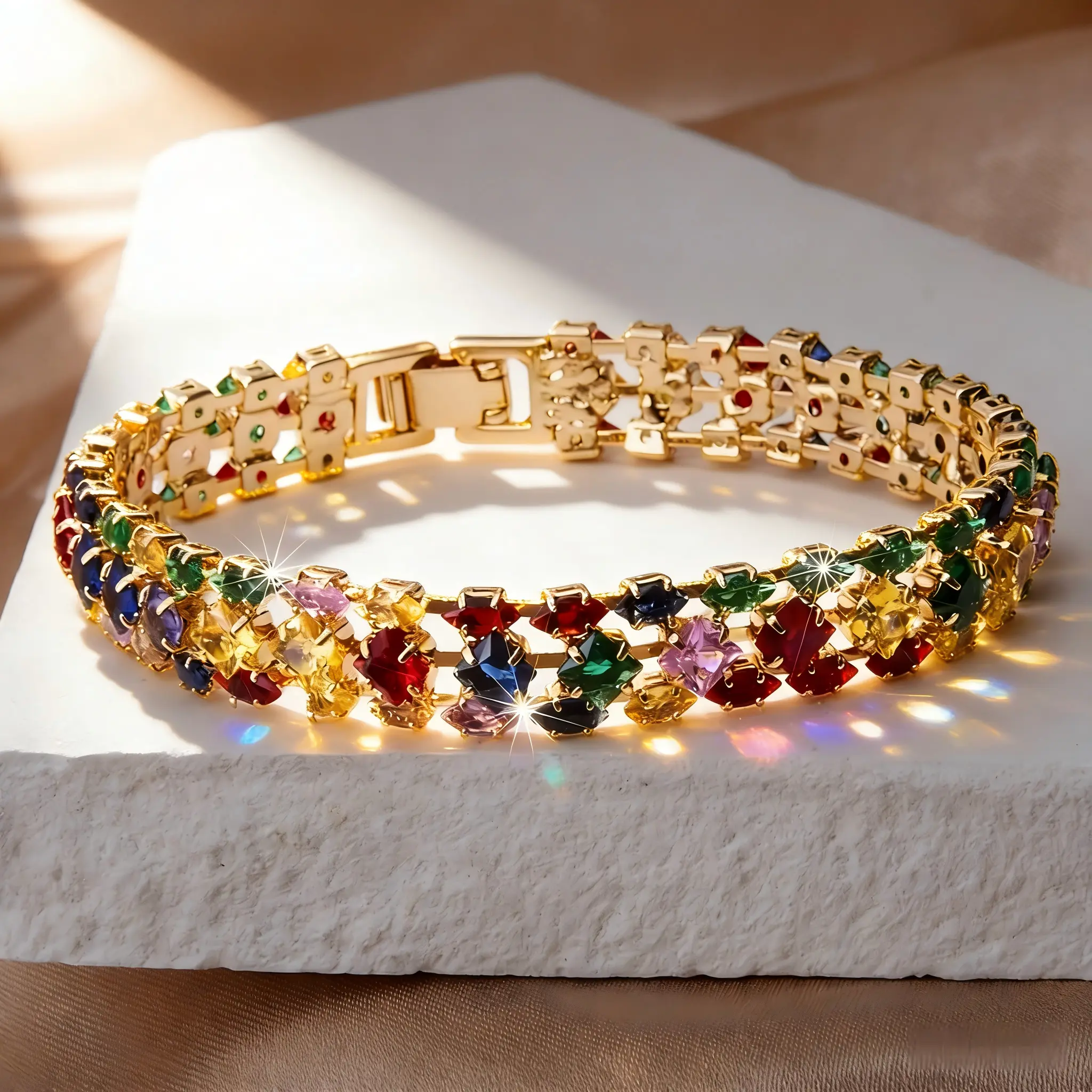 Ladies' Elegant Bohemian-Style Colorful Geometric Zircon Bracelet Clasp Chain Perfect for Daily Wear and Vacation Parties