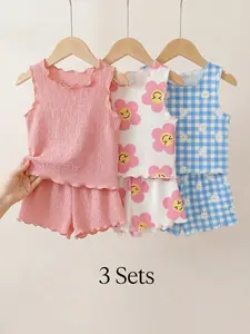 Girls' Sleeveless Tank Top & Shorts 3-Piece Set, Textured Floral Plaid Kids Casual, Comfortable Fashion Ensemble