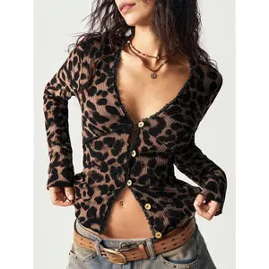 Spring Leopard Button Down Cardigan Lace V Neck Long Sleeve Fitted Sweaters