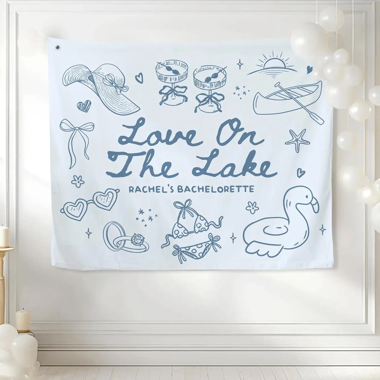 Personalized Polyester Bachelorette Party Tapestry Banner - Love On The Lake, Classic Geometric Design,  Bridal Shower Gift for Bridesmaids, Print