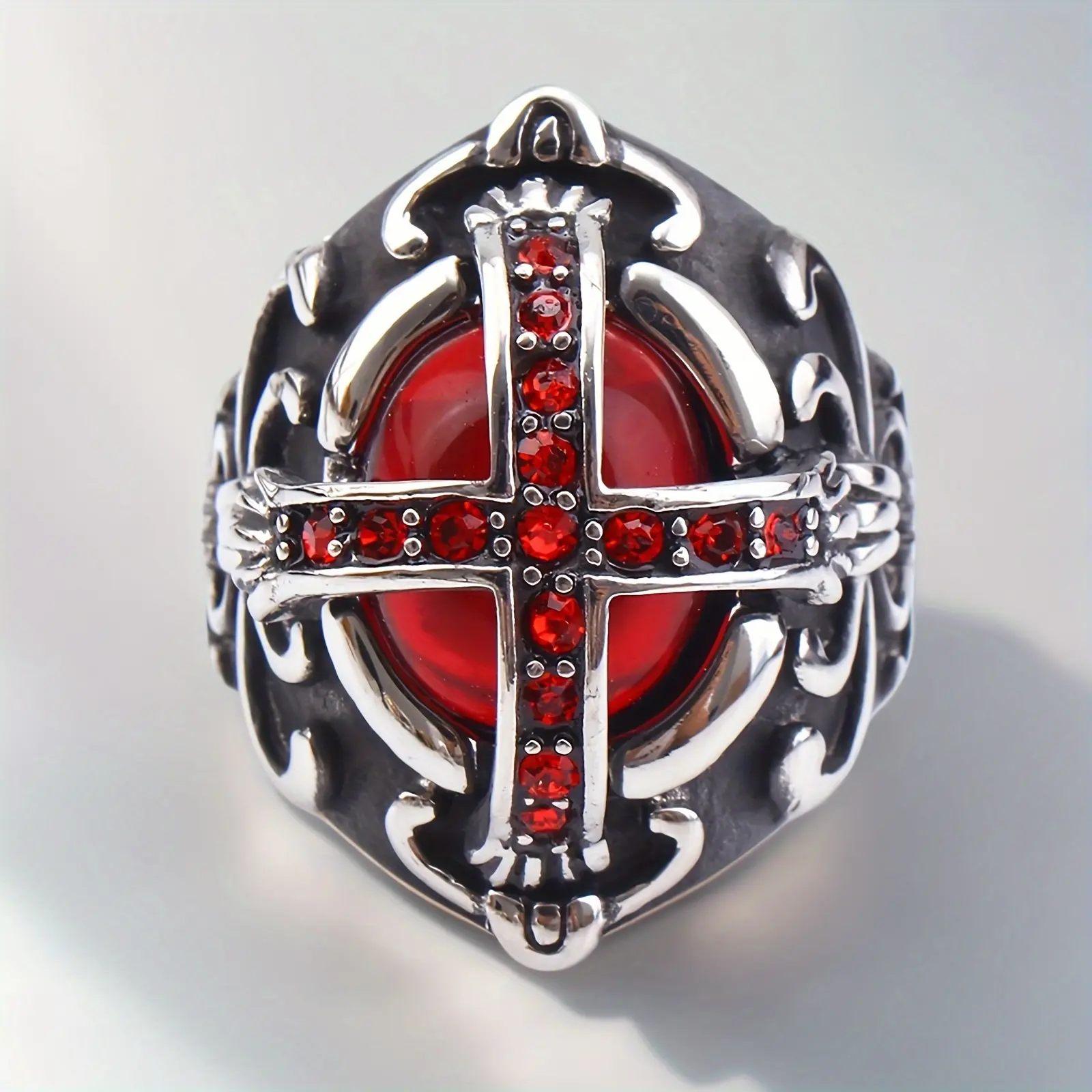 Men's Gothic Cross Stainless Steel Ring - Inlaid Red Zircon, Alternative Metalhead Style, Geometric Statement Costume Jewelry