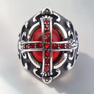 Powerful and Cool Stainless Steel Ring with Red Zircon Cross Pattern Inlaid, Trendy Men's Hip-hop Gothic Style Accessory