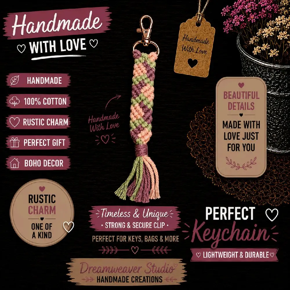 Handmade Macramé Keychain | Boho Cotton Key Fob | Rustic Tassel Keychain | Bag Charm | 9.5 Inch Handmade Gift