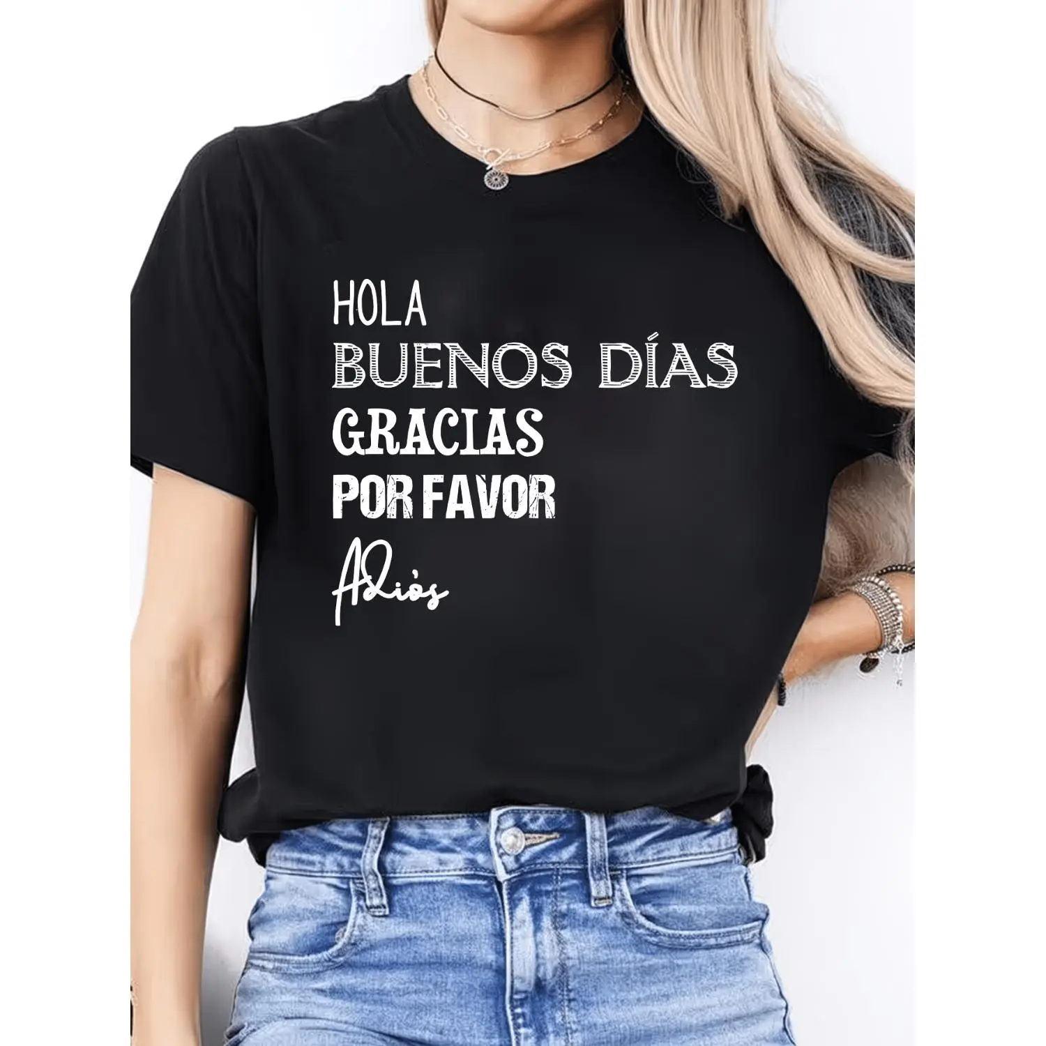 Women's Spanish Alphabet Letter Print T-Shirt for Language Learning Casual Round Neck Short Sleeve Blouse