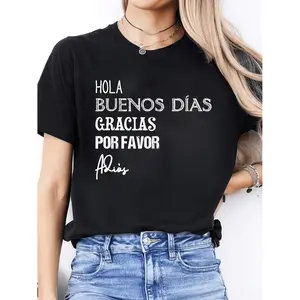 Women's Spanish Alphabet Letter Print TShirt Casual Round Neck Short Sleeve Top for Spanish Language Learning