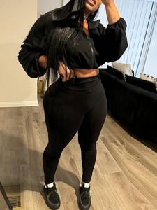 two-piece set women's solid fleece zip up crop jacket & high waist skinny pants, casual fashion drop shoulder drawstring outerwear & trousers for daily outdoor wear, women's clothing for fall & winter, fall clothing women, workout sets women, womenswear