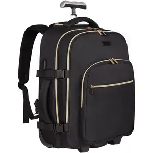 Rolling Backpack for Women, 17Inch Laptop Travel Backpack with Wheels, Carry on Luggage Airplane, Overnight Business Trolley Backpack Bag (Elegant Black) (In )