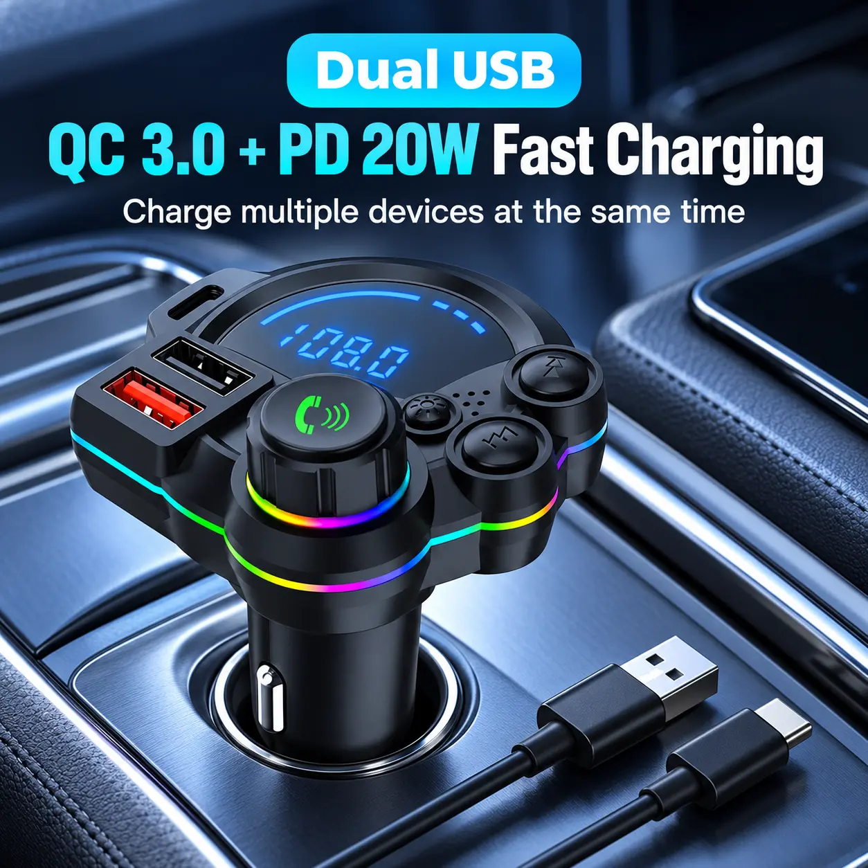1PC Bluetooth 5.3 Car Adapter, PD 20W & QC 3.0 Fast Charger with Rainbow LED, Hands-Free Call Control, TF Card & USB Music Playback for 12–24V Vehicles
