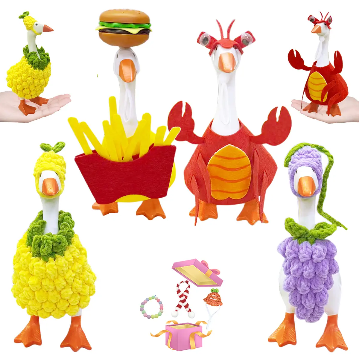 7-Inch Desk Goose Food-Themed Outfit Set, Crochet Lightweight Clothes (Grape, Fruit, Burger, Fries, Crawfish) for Magnetic Desktop Goose Key Holder, Funny Ornament & Housewarming Gift
