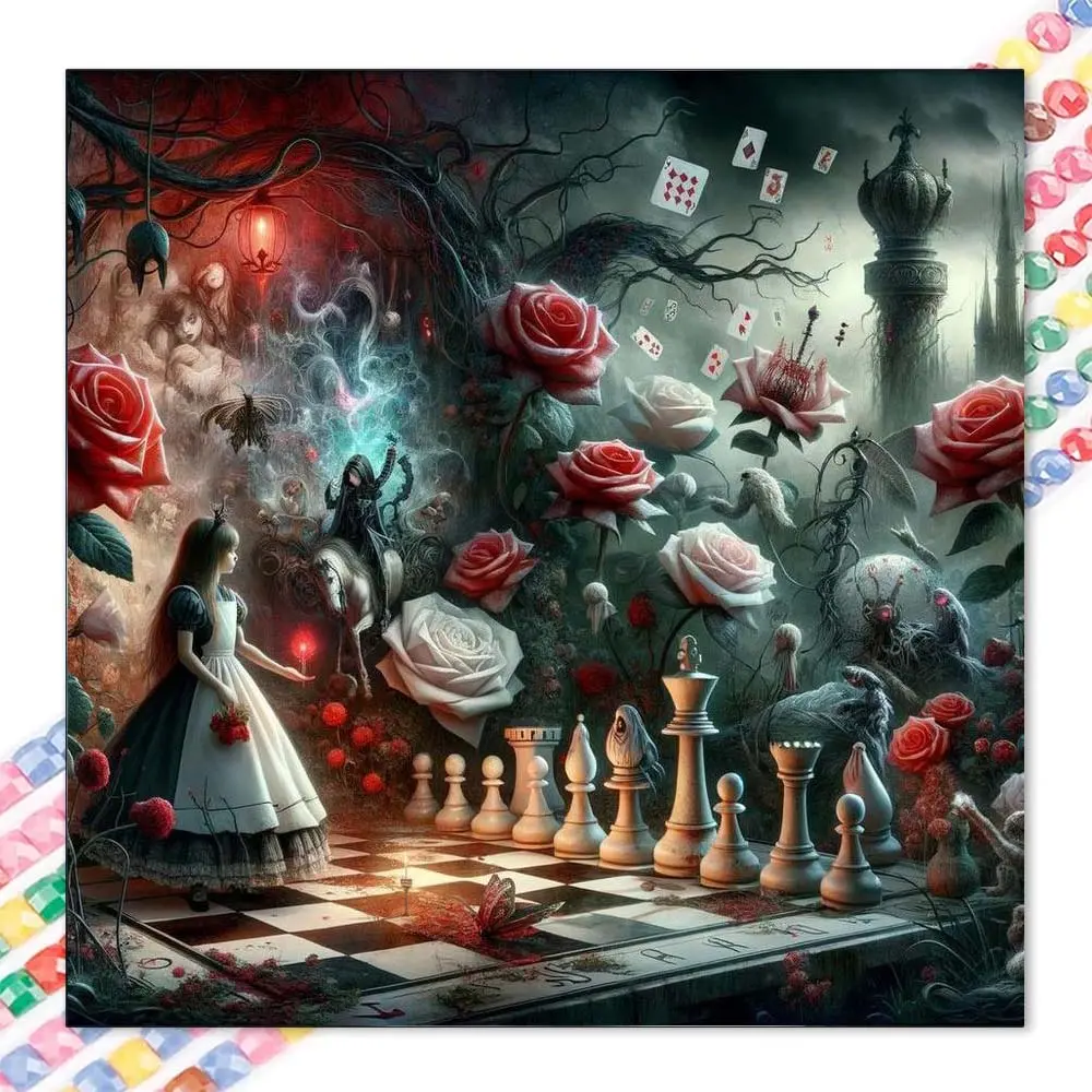 1 DIY handmade diamond painting kit, 5D diamond art set, DIY decoration, Handcraft, Alice, rose, chessboard diamond painting kit with full round diamonds, mosaic, diamond art, DIY art home decoration, Diamond Art Tools, Handicraft, suitable for Christmas.
