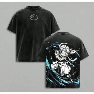Isekai Anime Rimuru Tempest Double Sided Vintage Acid Washed Loose Cotton T Shirt Grunge Punk Street Top Suitable for School Daily Trip Anime Expo Weekend Travel Birthday Gift and Casual Outfit for Retro Anime Enthusiasts