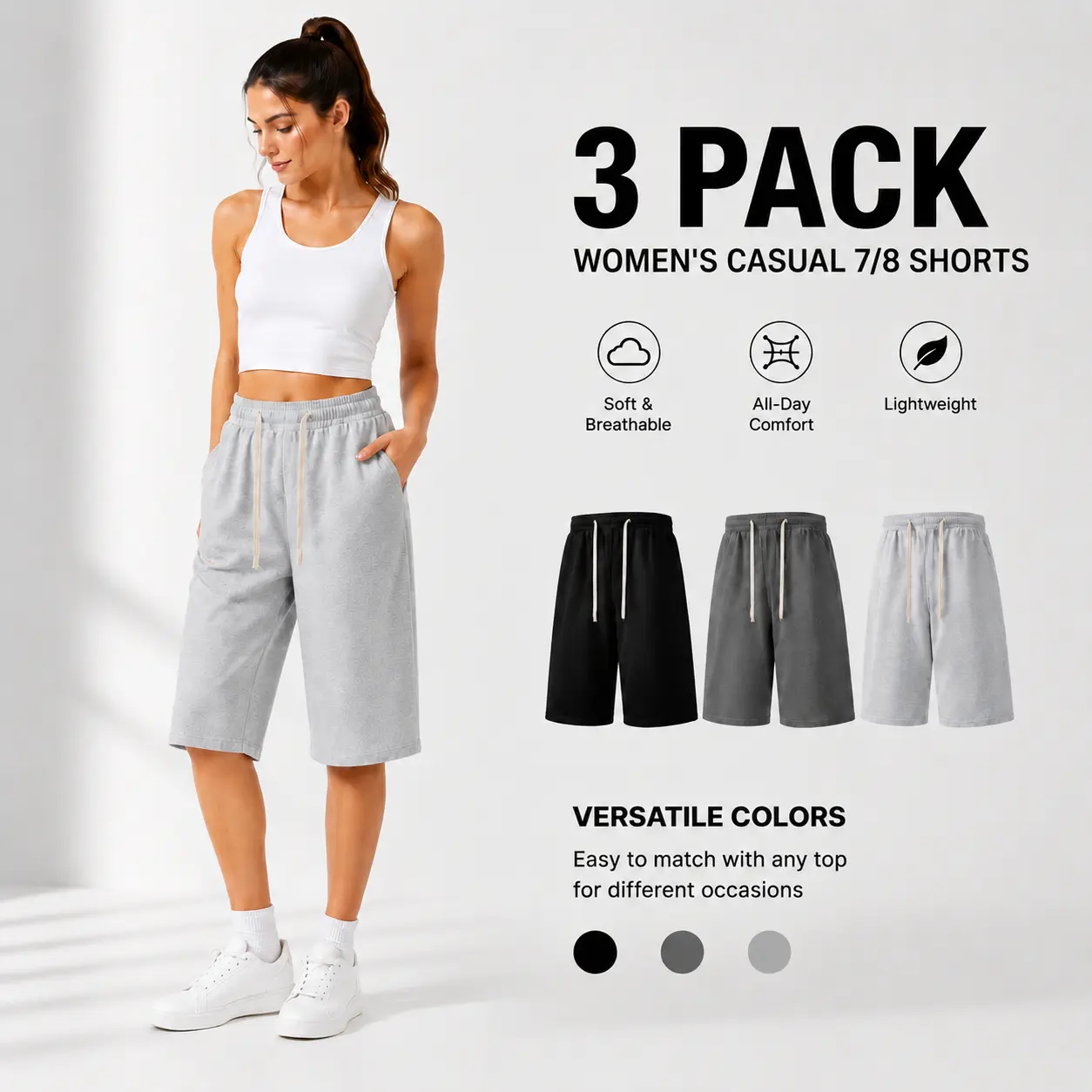 Women’s 3-Pack High-Waisted Drawstring Capri Pants - Womenswear Bottoms, Loose-Fit Casual Lounge Styles with Pockets, Soft Breathable Athletic Designs SoftMotion Straight Leg Fitness