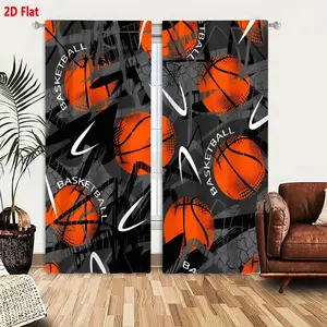 2D Flat Basketball Grungy Pattern Curtain 2-Piece Set, Orange Basketballs with Black Lines, Textured Gray Background, White Swoosh Graphics and Vertical/Horizontal 'BASKETBALL' Text, Cracked Abstract Black/Gray Design, Sporty Urban Art Style Window