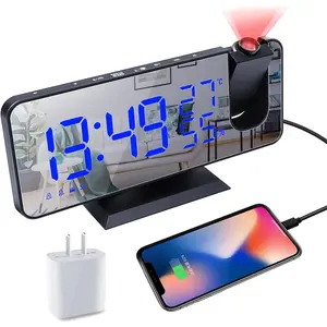 Projection Digital  Clock for Bedrooms, Clock Radio  Ceiling, USB Charger Port, Temperature & Humidity Display, 7.3" Large Mirror LED Display,12/24H,Snooze,Dual Loud Clock- 4 Dimmer