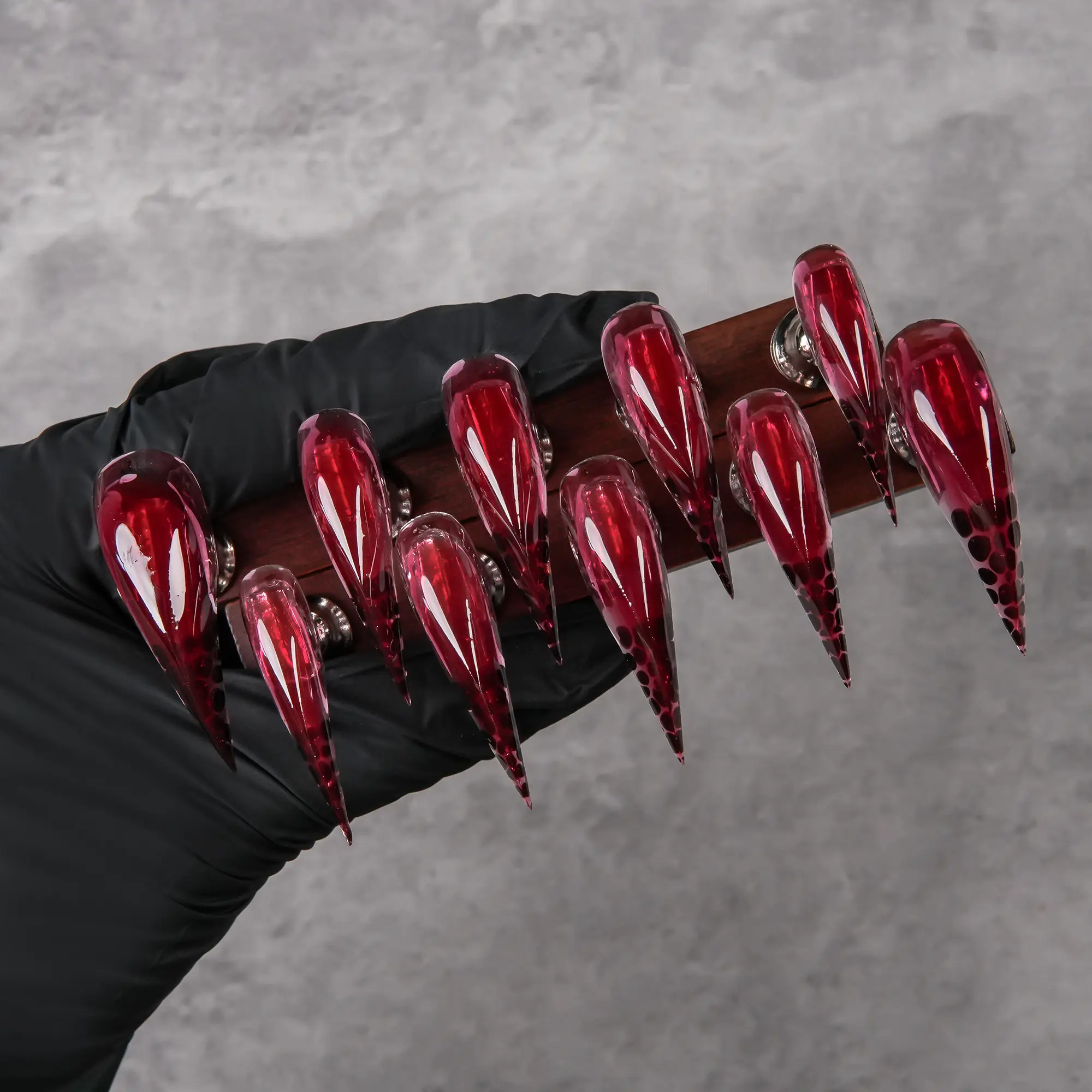 Long Pointed Nails Press On in Vampire Style, Handmade Translucent Blood-Red Gradient with Polka Dots, Easily Removed for Halloween Party Wear