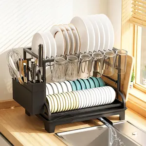 2-Tier Foldable Dish Drying Rack with Drainboard, Stainless Steel Large Capacity Kitchen Counter Organizer with Cup Holder, Utensil &  Board Storage, No Assembly Required, Black