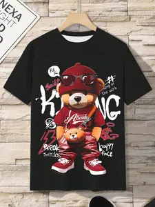 Punk Bear 3D Digital Print Cartoon Bear Pattern Men's T-Shirt, Comfortable Short Sleeve Pullover Top, Men's Outdoor Clothing