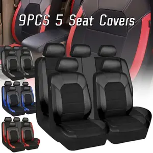 9PCS Universal Car 5 Seat Cover Full Set, Leather Front Rear Seat Cushion Breathable Protector Pad Mat, 3 Zipper Bench Back Seat, Two Color Splicing Process Design, Vehicle Interior Decoration Accessories Fits for Most Car SUV Sedan