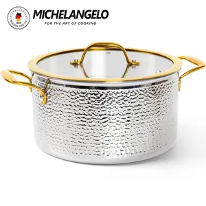 Michelangelo Triply Stainless Steel Stock Pot with Lid, Luxury Hammered Stainless Steel 6 Quart Pot with Lid & Golden Handle, Premium Induction Stockpot - 6QT