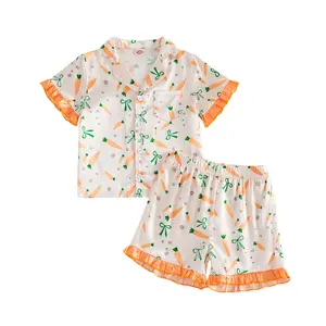 Little Girl Easter Pajamas Set Infant Toddler Bunny Flower Carrot Bow Print Ruffled Trim Button Down Short Sleeve Shirts Tops and Shorts