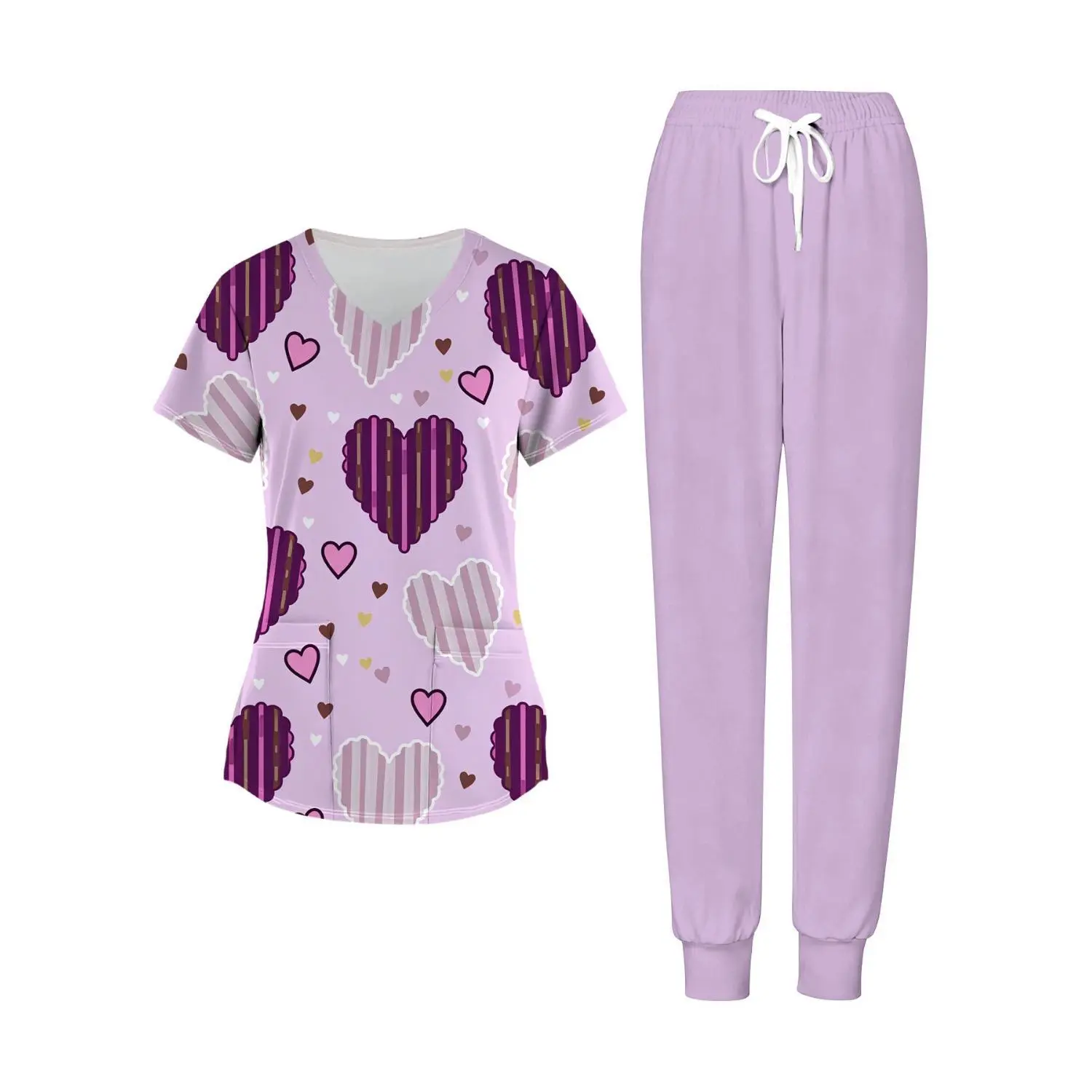 Plus Size Women's Purple Heart Print Two-Piece Set, V-Neck Top and Pants, Perfect for Valentine's Day