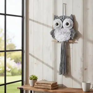 Macrame Owl Wall Hanging Boho Hippy Decor, Handmade Tapestry Fiber Art Wall Decor for Nursery Bedroom Living Room, Sustainable Gift for Owl Lovers & Nature Fans