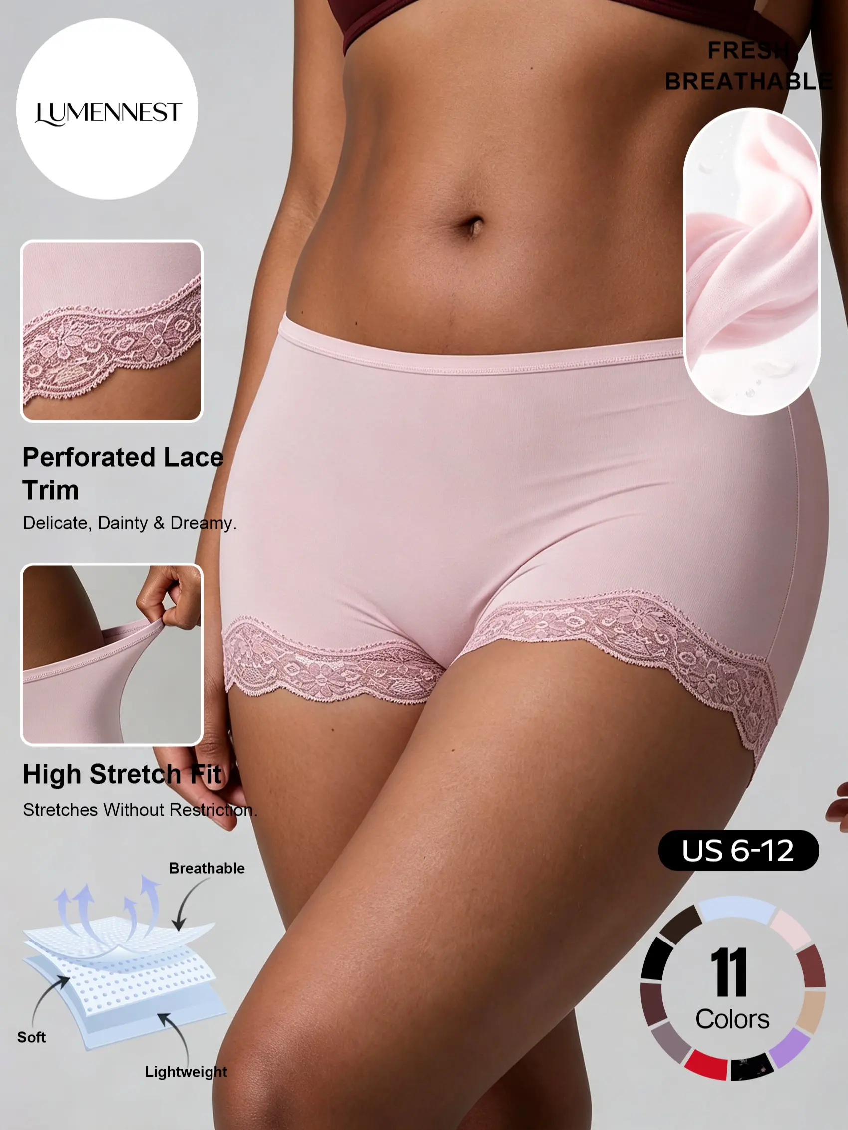LUMENNEST Women's Basic Lace Trim Low Rise Stretchy Panties, Solid Color Seamless Moisture-Wicking Cheeky Underwear, Lightweight Quick-Drying Daily Wear #TikTokMadeMeBuyIt #FindYourStyle #Breathable